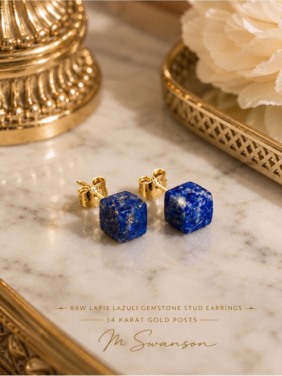 Handmade Jewelry - NEW Lapis Lazuli Stud Earrings Solid 14K Gold Posts & Backs Handmade USA